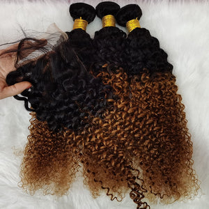 Silkswan Hair Jerry Curly Bundles with 4x4 Lace Closure T1B/30 Ombre Color Human Hair