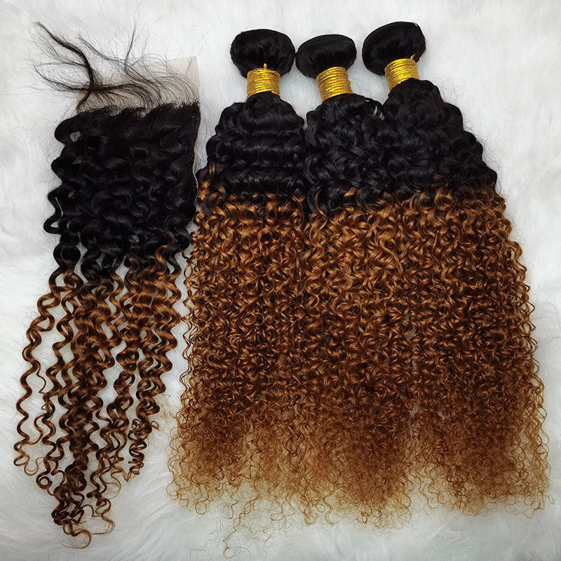 Silkswan Hair Jerry Curly Bundles with 4x4 Lace Closure T1B/30 Ombre Color Human Hair