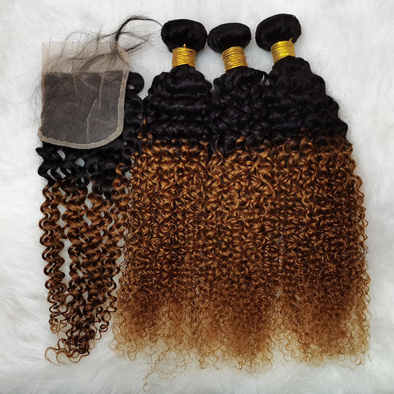 Silkswan Hair Jerry Curly Bundles with 4x4 Lace Closure T1B/30 Ombre Color Human Hair