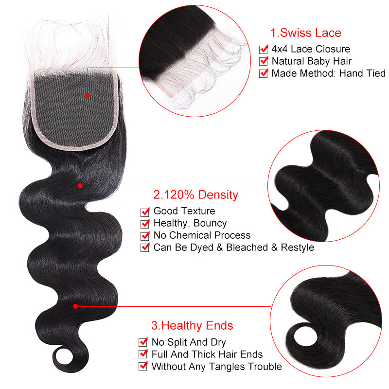 Silkswan Hair Boundles with 4x4 Lace Closure Body Wave Hair Weft Extensions 4Pcs/lot