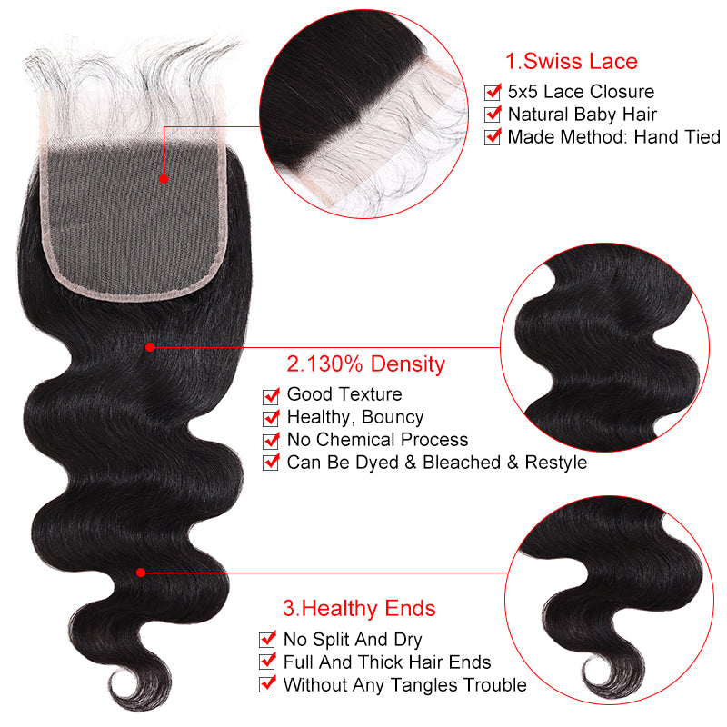 Silkswan Hair Body Wave Human Virgin Hair Bundles with Closure 5x5 6x6 Lace Closure