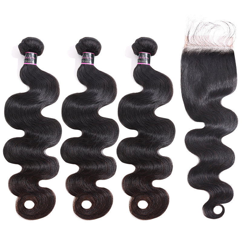 Silkswan Hair Boundles with 4x4 Lace Closure Body Wave Hair Weft Extensions 4Pcs/lot