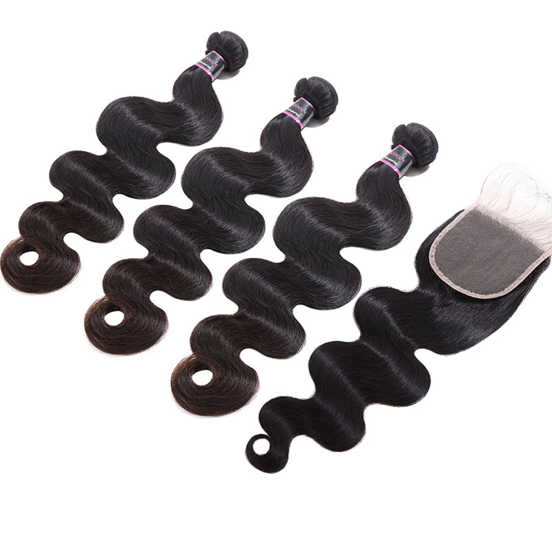 Silkswan Hair Boundles with 4x4 Lace Closure Body Wave Hair Weft Extensions 4Pcs/lot