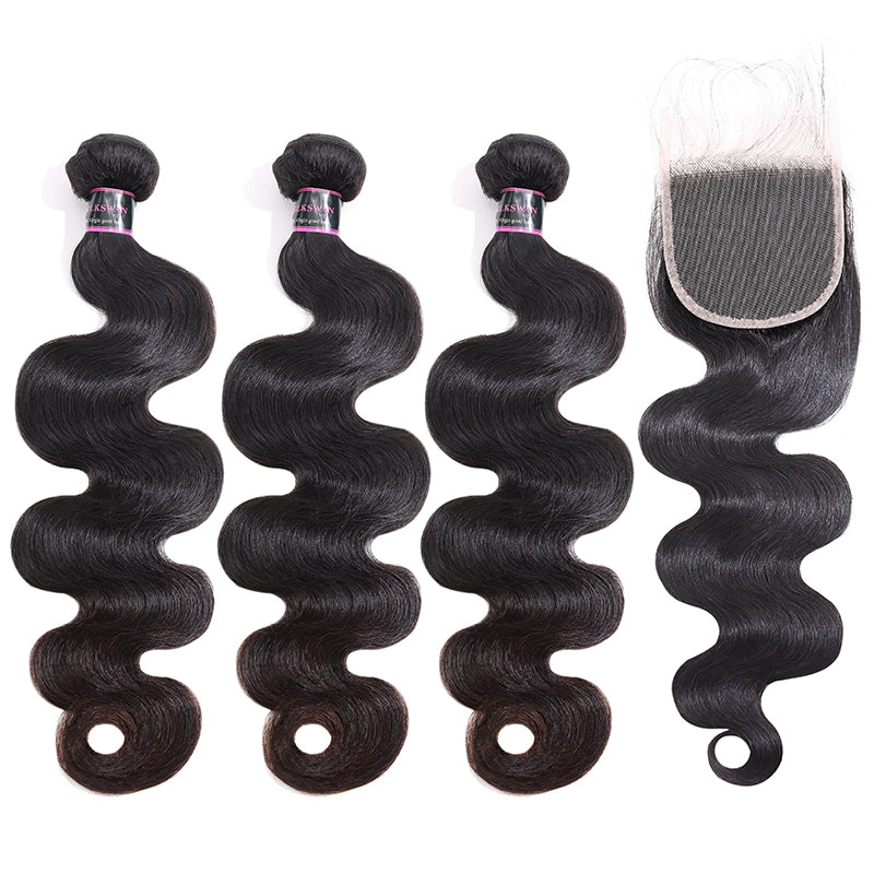 Silkswan Hair Boundles with 4x4 Lace Closure Body Wave Hair Weft Extensions 4Pcs/lot