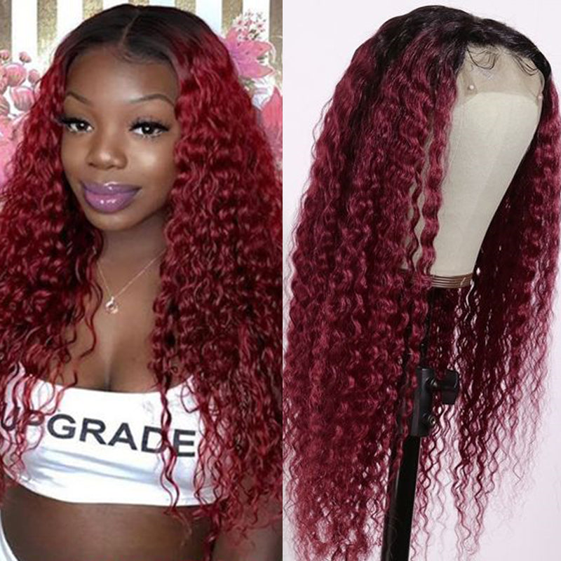 Silkswan Hair Curly Ombre Burgundy 1B99J Lace Front Wigs Preplucked Human Hair