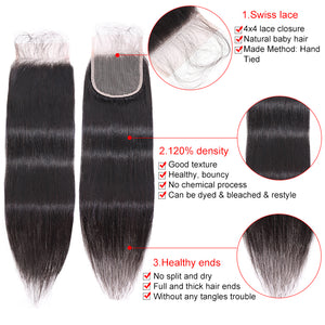 Silkswan Hair Straight Swiss Lace Closure 4x4 5x5 6x6 7x7 with Baby Hair Human Top Closure