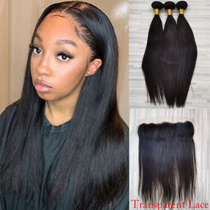 Silkswan Hair Straight Human Hair Bundles with Transparent Frontal 13x4 Ear to Ear Remy Hair