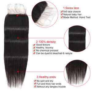 Silkswan Hair Straight Bundles with Closure 5x5 6x6 7x7 Lace Closure 4Pcs/Lot Human Hair