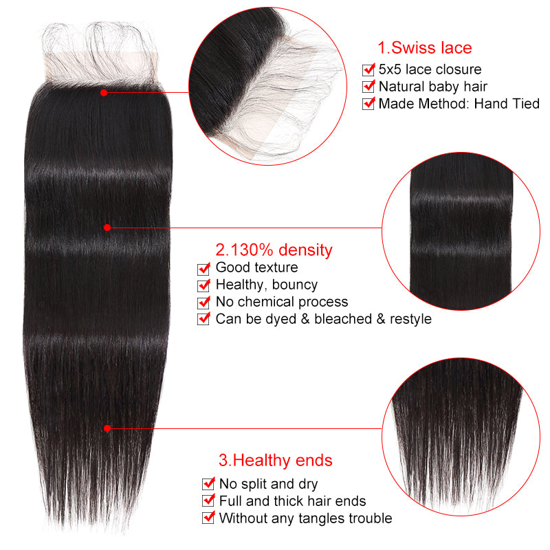 Silkswan Hair Straight Swiss Lace Closure 4x4 5x5 6x6 7x7 with Baby Hair Human Top Closure