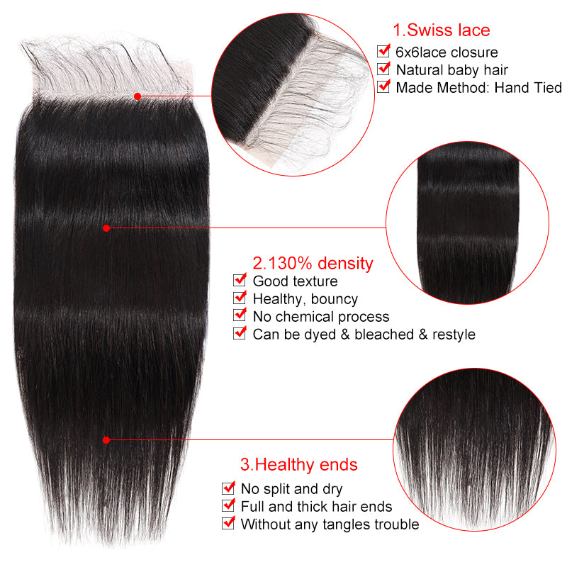 Silkswan Hair Straight Swiss Lace Closure 4x4 5x5 6x6 7x7 with Baby Hair Human Top Closure