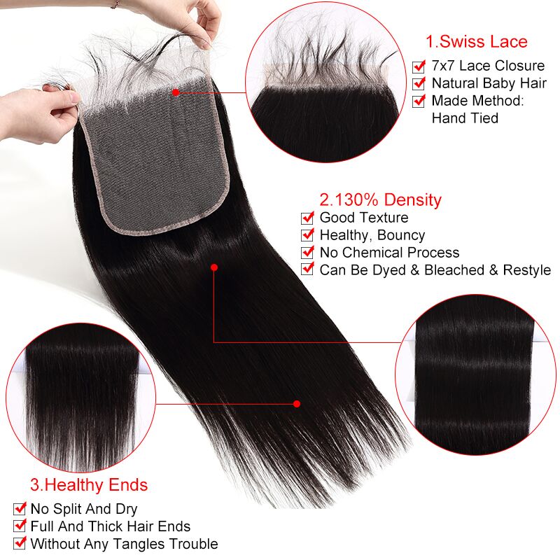 Silkswan Hair Straight Bundles with Closure 5x5 6x6 7x7 Lace Closure 4Pcs/Lot Human Hair