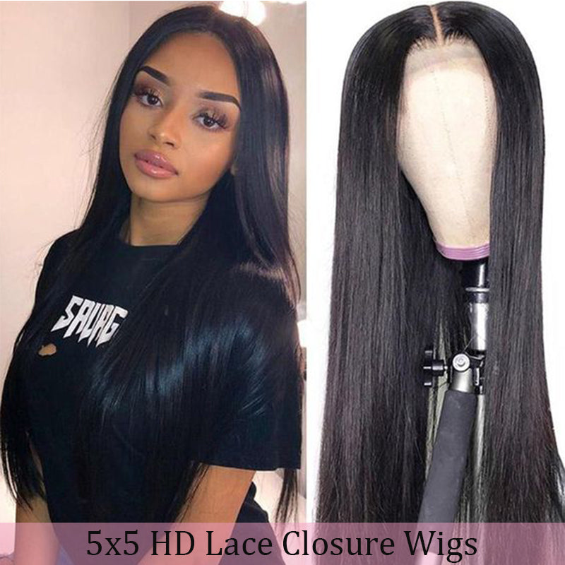 Silkswan Hair Straight 5x5 HD Swiss Lace Closure Wigs Pre-plucked Human Hair Wigs