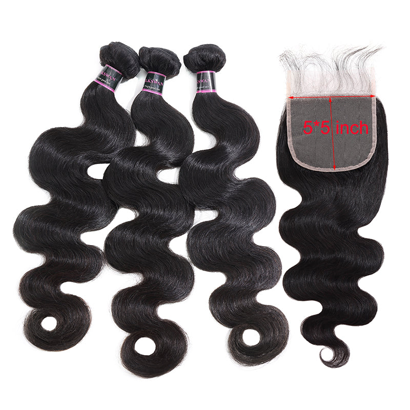 Silkswan Hair Body Wave Human Virgin Hair Bundles with Closure 5x5 6x6 Lace Closure