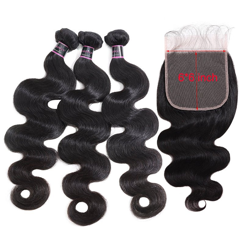 Silkswan Hair Body Wave Human Virgin Hair Bundles with Closure 5x5 6x6 Lace Closure