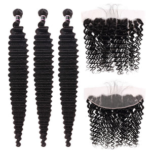 Silkswan Hair Deep Wave Bundles with Frontal Brazilian Human Virgin Hair Weft Extensions