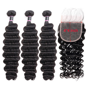 Silkswan Hair Deep Wave Bundles with Closure 4x4 or 6x6 Top Closure 4PCS/LOT Human Hair