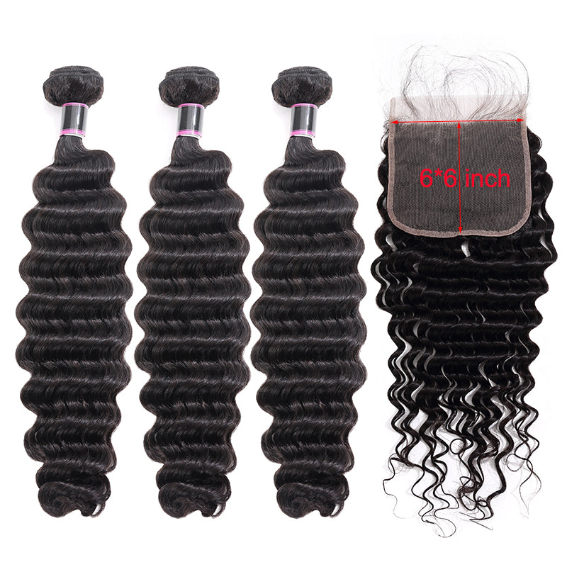 Silkswan Hair Deep Wave Bundles with Closure 4x4 or 6x6 Top Closure 4PCS/LOT Human Hair