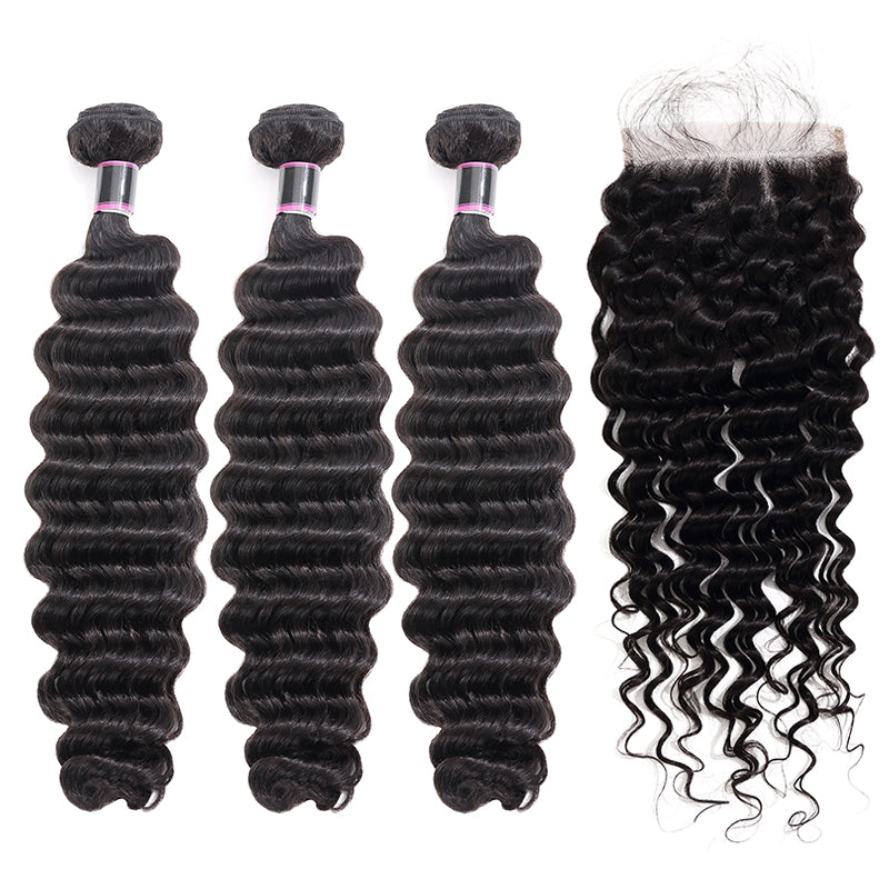 Silkswan Hair Deep Wave Bundles with Closure 4x4 or 6x6 Top Closure 4PCS/LOT Human Hair