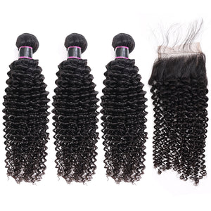 Silkswan Hair 100% Human Virgin Brazilian Hair Kinky Curly Bundles with 4x4 Lace Closure