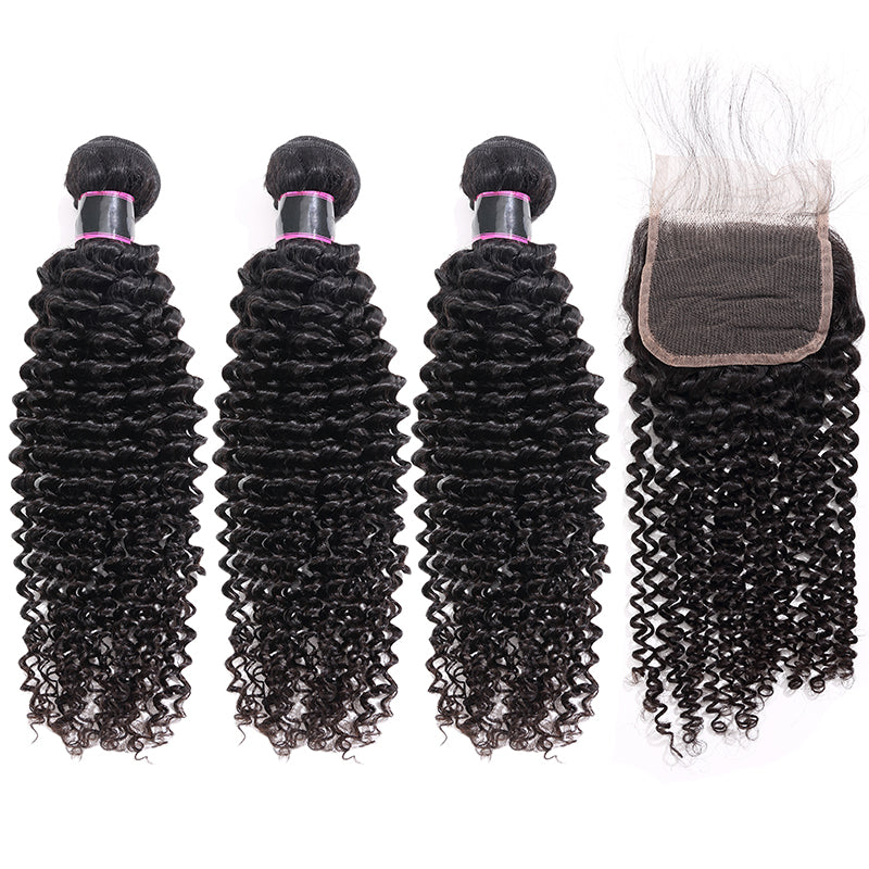 Silkswan Hair 100% Human Virgin Brazilian Hair Kinky Curly Bundles with 4x4 Lace Closure