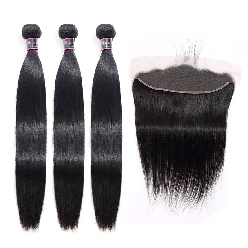 Silkswan Hair Straight Human Hair Bundles with Transparent Frontal 13x4 Ear to Ear Remy Hair