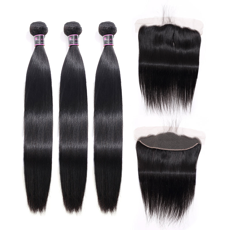 Silkswan Hair Straight Human Hair Bundles with Transparent Frontal 13x4 Ear to Ear Remy Hair