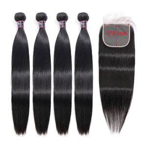 Silkswan Hair Straight Human Hair Bundles with 5x5 HD Lace Closure 34 36 38 40 Inches