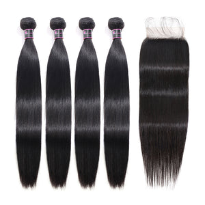 Silkswan Hair Straight Human Hair Bundles with 5x5 HD Lace Closure 34 36 38 40 Inches