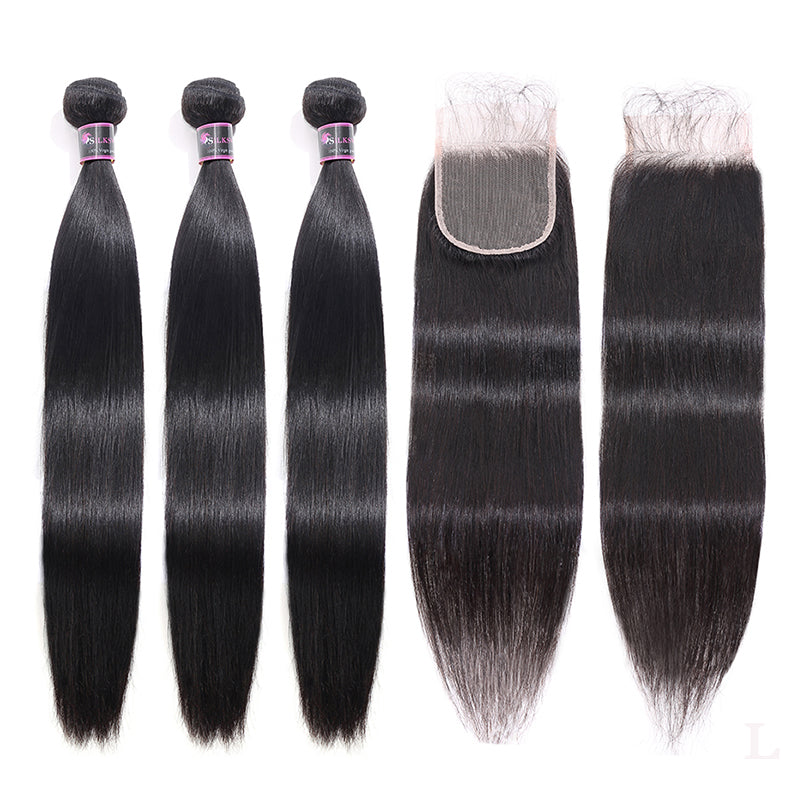 Silkswan Hair Straight Hair Bundles with Closure Human Hair Extension with 4x4 Swiss Lace Closure