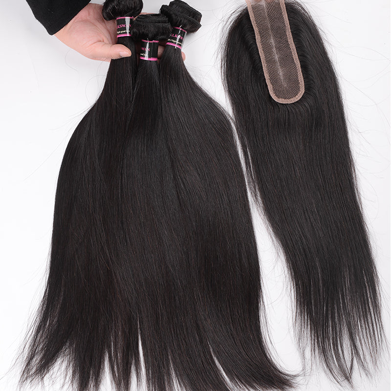 Silkswan Hair Straight Hair Bundles with Closure Kim K 2x6 Lace Closure Human Remy Hair