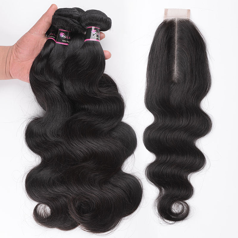 Silkswan Body Wave Bundles with 2x6 Lace Closure Kim K Top Closure Human Virgin Hair Extensions