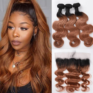 Silkswan Hair 1B/30 Body Wave 3 Bundles with 13x4 Ear to Ear Lace Frontal Human Virgin Hair