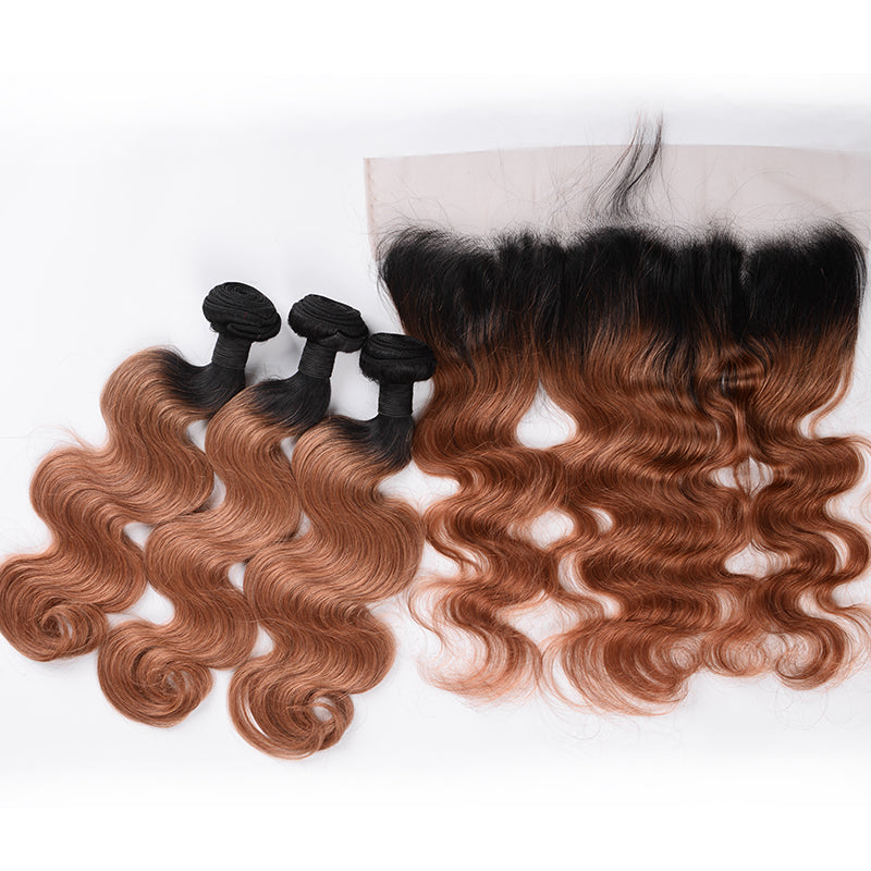 Silkswan Hair 1B/30 Body Wave 3 Bundles with 13x4 Ear to Ear Lace Frontal Human Virgin Hair