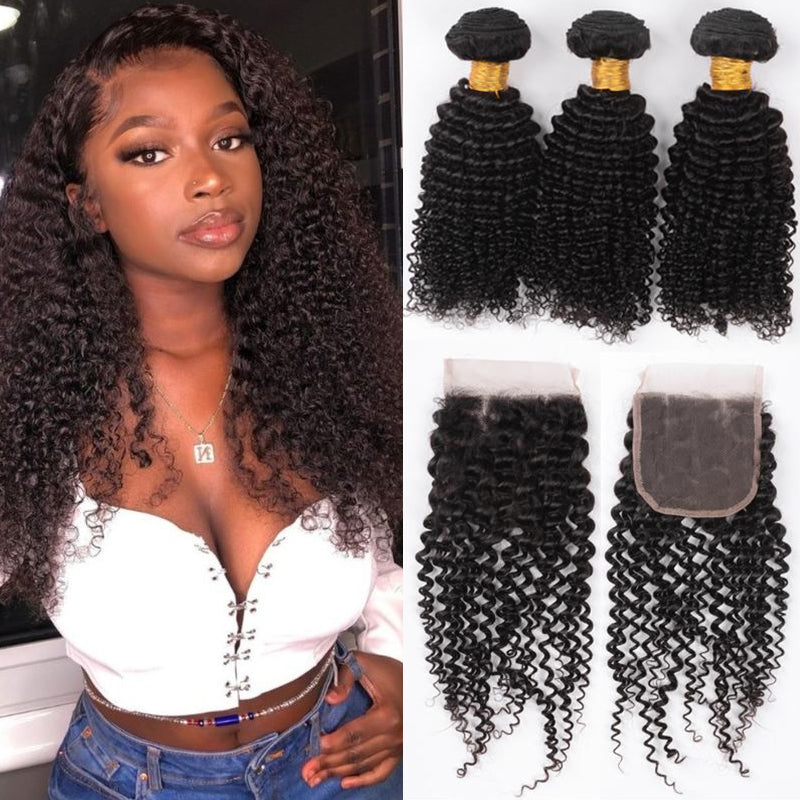 Silkswan Hair 100% Human Virgin Brazilian Hair Kinky Curly Bundles with 4x4 Lace Closure