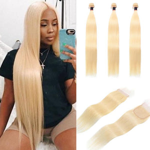 Silkswan Hair 613 Blonde Hair Straight Bundles with Closure 4x4 Swiss Lace Human Hair