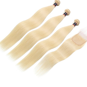 Silkswan Hair 613 Blonde Hair Straight Bundles with Closure 4x4 Swiss Lace Human Hair