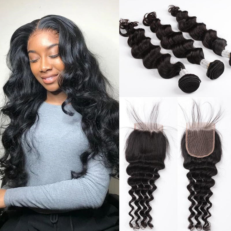 Silkswan Hair Loose Deep Bundles with Closure Swiss Lace 4x4 Lace Closure Human Hair