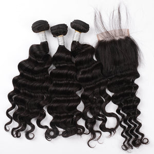 Silkswan Hair Loose Deep Bundles with Closure Swiss Lace 4x4 Lace Closure Human Hair