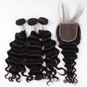 Silkswan Hair Loose Deep Bundles with Closure Swiss Lace 4x4 Lace Closure Human Hair