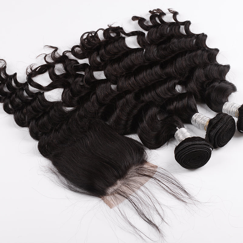 Silkswan Hair Loose Deep Bundles with Closure Swiss Lace 4x4 Lace Closure Human Hair