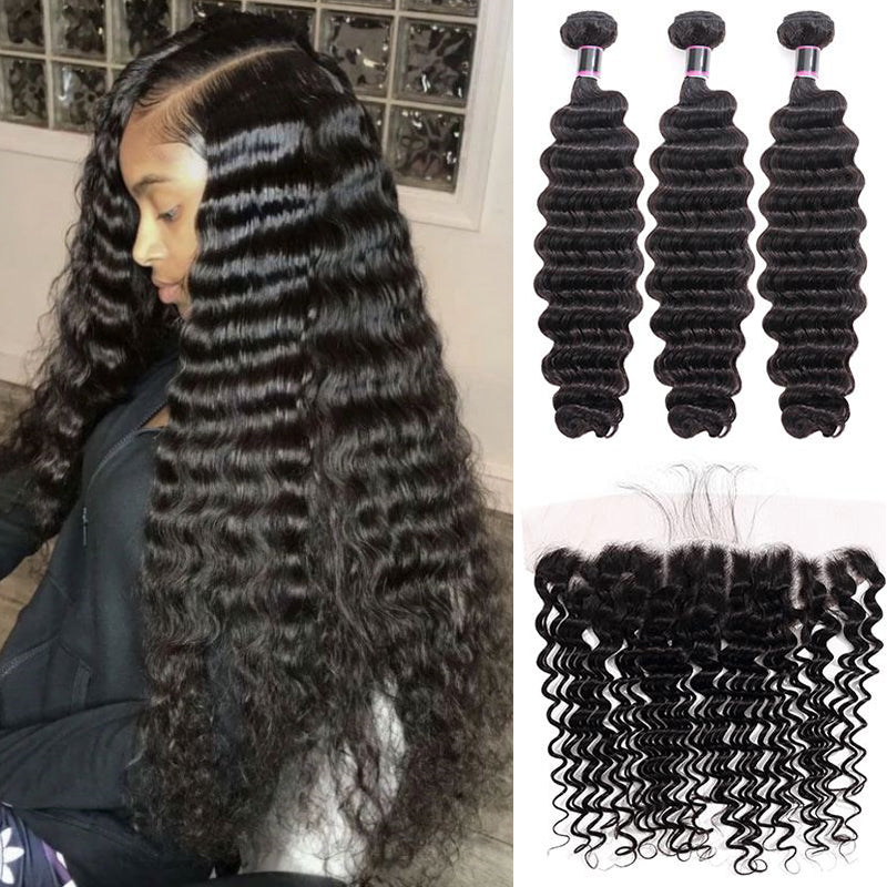 Silkswan Hair Deep Wave Bundles with Frontal Brazilian Human Virgin Hair Weft Extensions