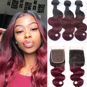 Silkswan Hair Body Wave 1b/99j Bundles with 4x4 Lace Closure Ombre Color Human Virgin Hair