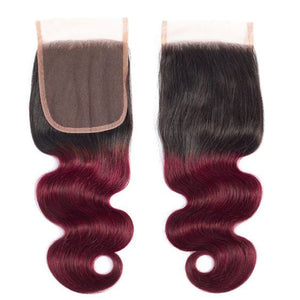 Silkswan Hair Body Wave 1b/99j Bundles with 4x4 Lace Closure Ombre Color Human Virgin Hair