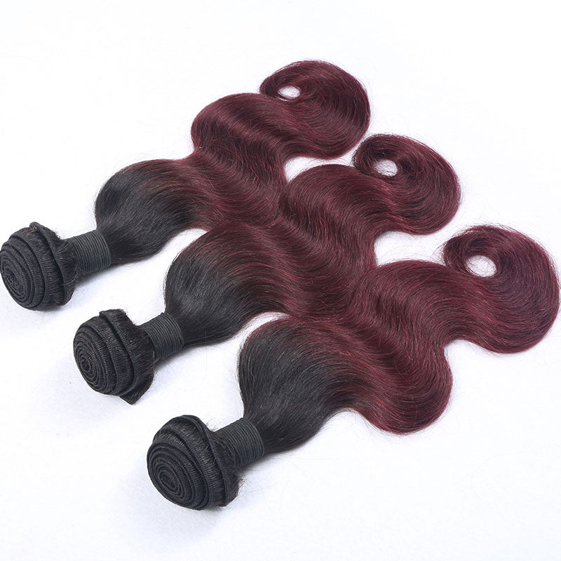 Silkswan Hair Body Wave 1b/99j Bundles with 4x4 Lace Closure Ombre Color Human Virgin Hair