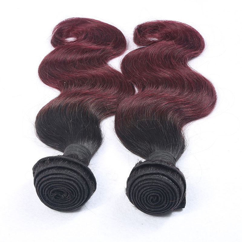 Silkswan Hair Body Wave 1b/99j Bundles with 4x4 Lace Closure Ombre Color Human Virgin Hair