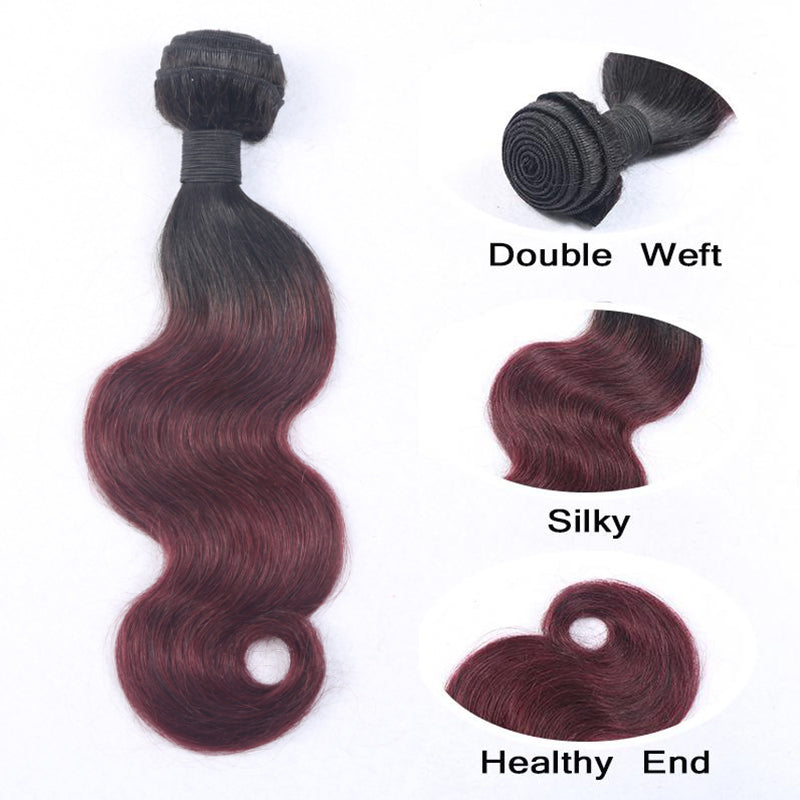 Silkswan Hair Body Wave Bundles 1B99J Ombre Color Brazilian Human Hair Extensions