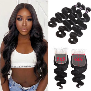 Silkswan Hair Body Wave Human Virgin Hair Bundles with Closure 5x5 6x6 Lace Closure