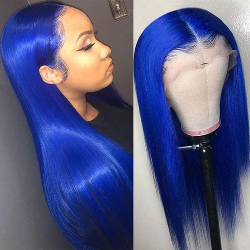 Silkswan Hair Human Virgin Hair Wig Straight Blue 13x4 Lace Front Wigs Pre Plucked