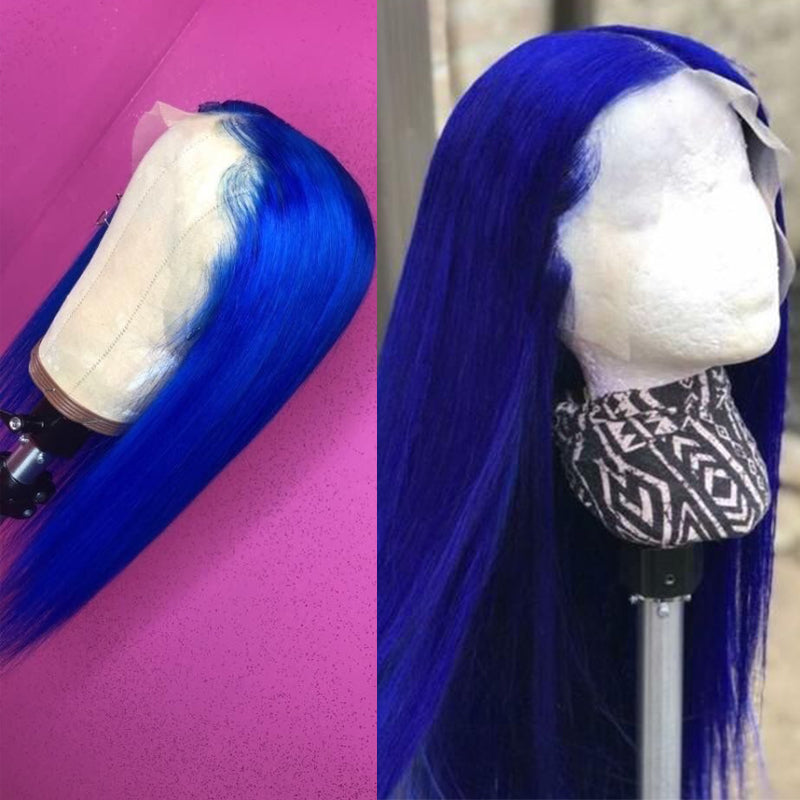 Silkswan Hair Human Virgin Hair Wig Straight Blue 13x4 Lace Front Wigs Pre Plucked