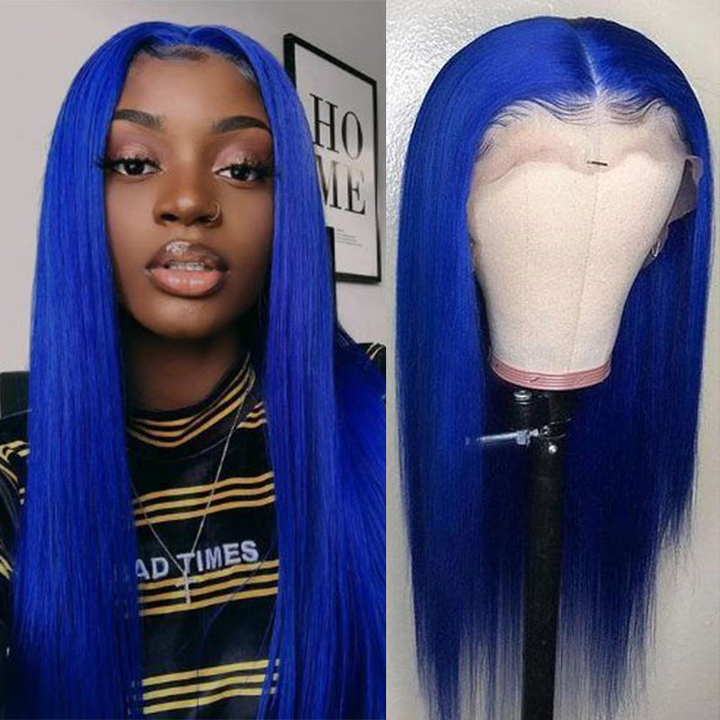 Silkswan Hair Human Virgin Hair Wig Straight Blue 13x4 Lace Front Wigs Pre Plucked